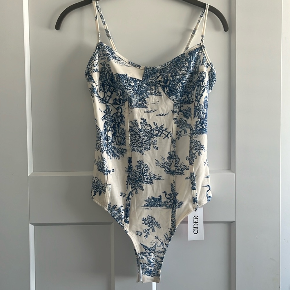 Women’s blue and white patterned corset bodysuit